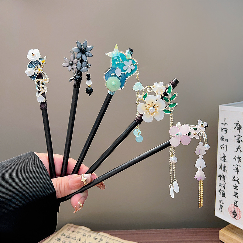 Jewelry Making Adults - 클래식 태슬 헤어 스틱 블랙 나무