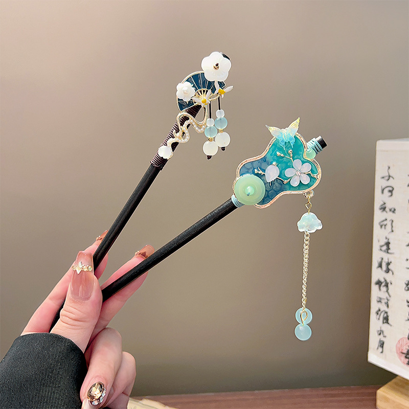 클래식 태슬 헤어 스틱 블랙 나무 꽃 진주 머리핀 중국 - Jewelry Making Adults 리뷰 및 가격