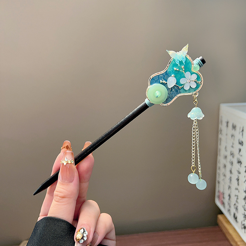 클래식 태슬 헤어 스틱 블랙 나무 꽃 진주 머리핀 중국 - Jewelry Making Adults 리뷰 및 가격